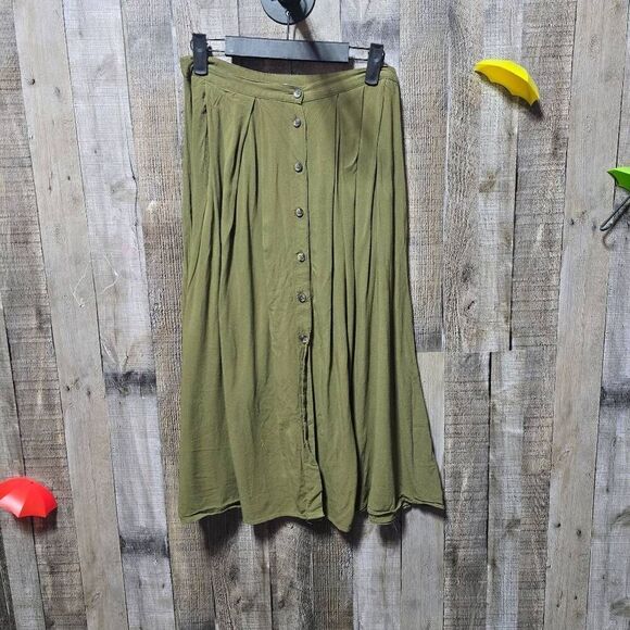 asos Olive Green Pleated Button Midi Skirt - Picture 1 of 4